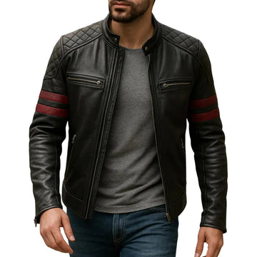 Men's Black Retro Biker Leather Jacket – Red Stripes with Quilted Shoulders & Sleeves