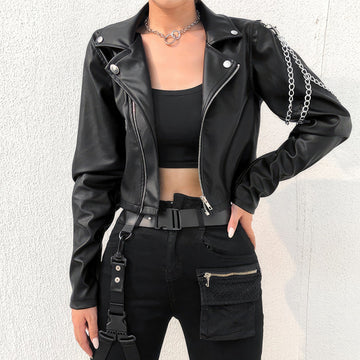 Women’s Black Biker Genuine Sheepskin Lapel Collar Cafe Racer Classic Slim Fit Epaulet Chain Asymmetric Punk Leather Jacket