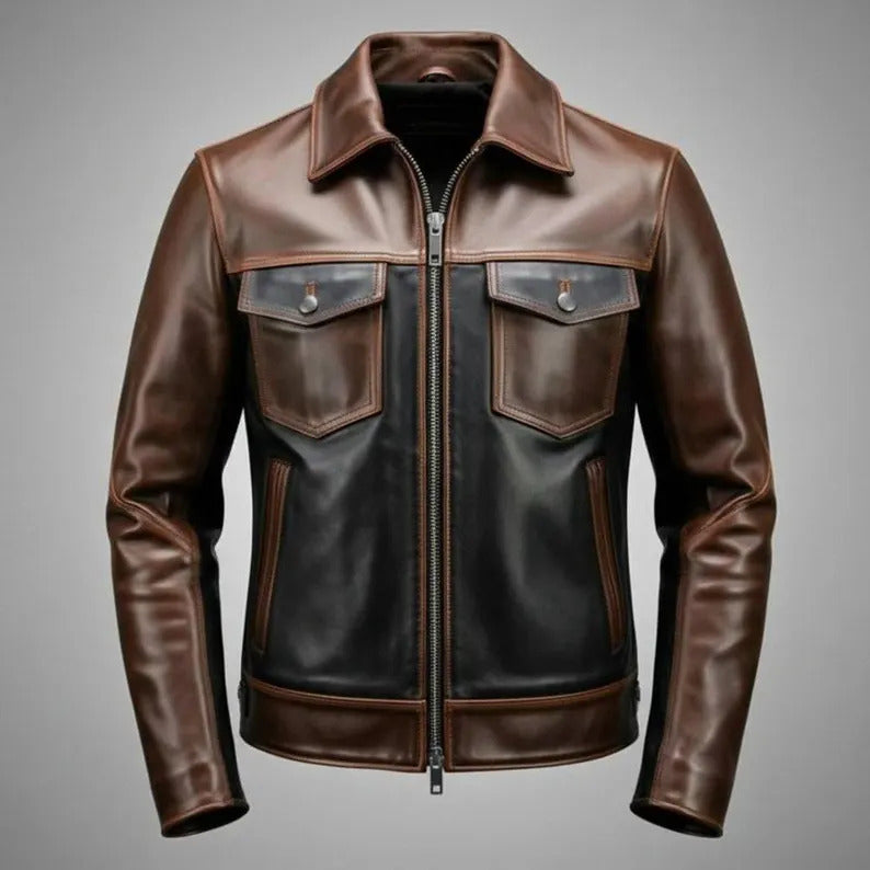 Handmade Two-Tone Biker Jacket – Genuine Leather Classic Style