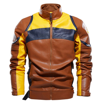 Men’s Brown Biker PU Cafe Racer Stand Collar Zip-Up Brown Multi Color Retro Moto Riding Sporty Casual Classic Scooter Faux Leather Jacket
