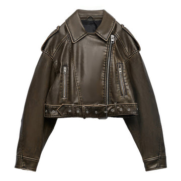 Women’s Biker Vintage Brown Genuine Sheepskin Sporty Casual Moto Biker Lapel Collar Café Racer Streetwear Loose Asymmetric Leather Jacket