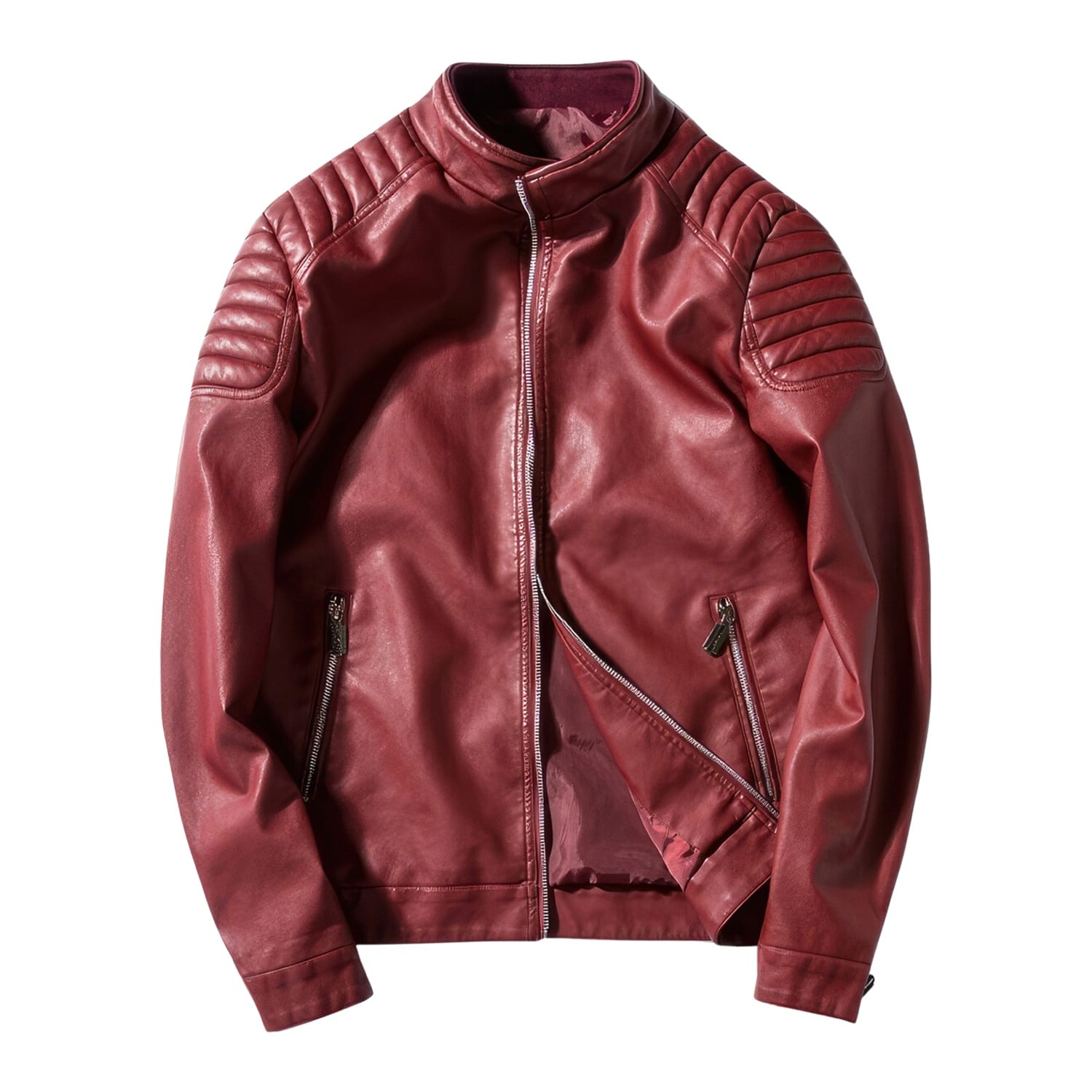 Men’s Red Biker Genuine Sheepskin Quilted Shoulders Smooth Scooter Cafe Racer Streetwear Slim Fit Leather Jacket
