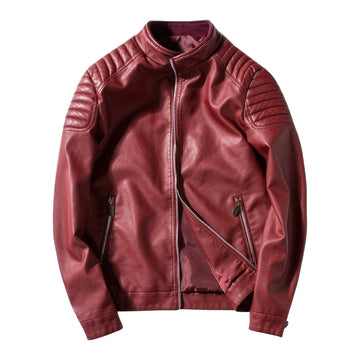 Men’s Red Biker Genuine Sheepskin Quilted Shoulders Smooth Scooter Cafe Racer Streetwear Slim Fit Leather Jacket