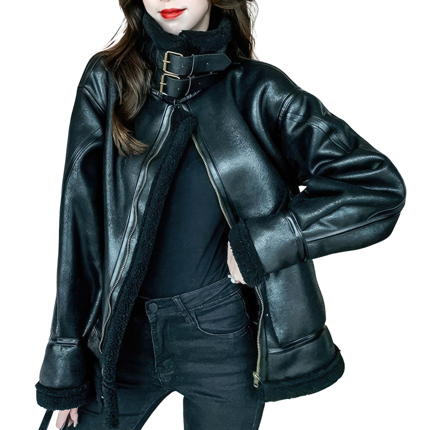 Women’s Black Aviator Genuine Sheepskin Sherpa Shearling Faux Fur Lined Thick Winter Warm Streetwear Chic Flight Pilot Leather Jacket