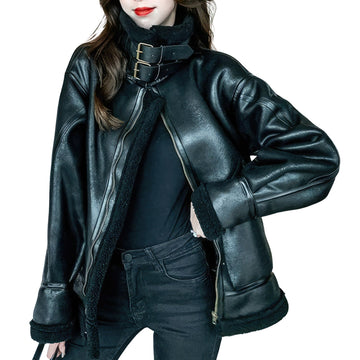 Women’s Black Aviator Genuine Sheepskin Sherpa Shearling Faux Fur Lined Thick Winter Warm Streetwear Chic Flight Pilot Leather Jacket