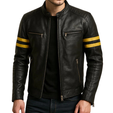 Men's Vintage Black Leather Cafe Racer Jacket – Retro Motorcycle Style with Yellow Stripes