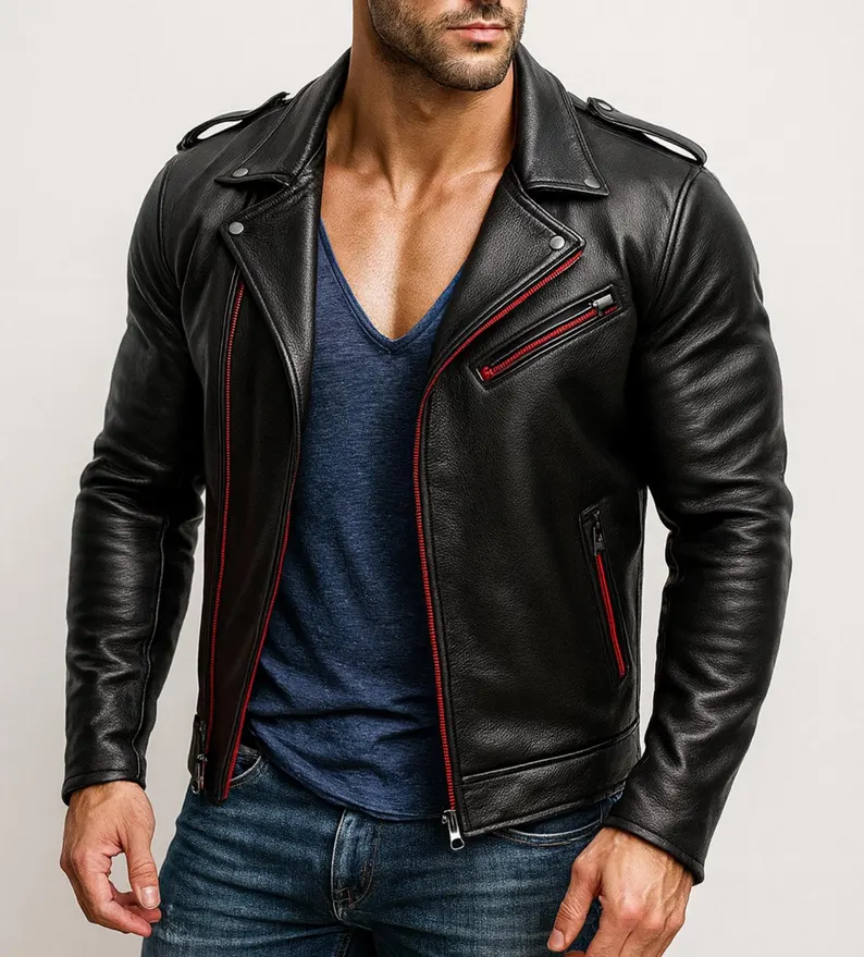 Men’s Black Sheep Leather Biker Jacket – Modern Fit with Red Zipper Accents