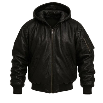 Men’s Real Sheepskin Bomber Leather Hoodie Jacket