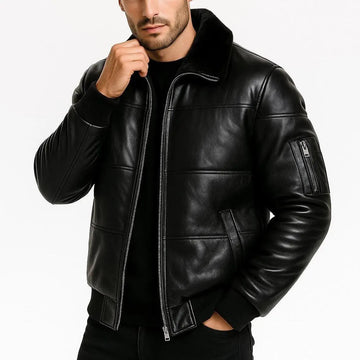 Men’s Handmade Genuine Leather Jacket Classic Zipper Moto Bomber with Fur Collar