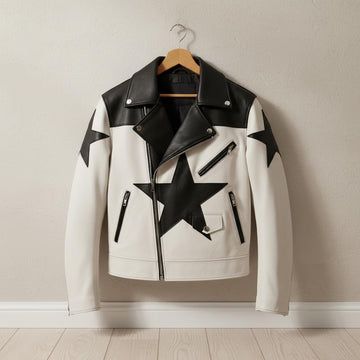 Star Graphic Cowhide Leather Motorcycle Jacket – Asymmetrical Moto Rider Style