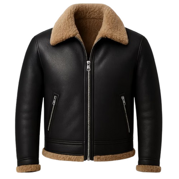 Handmade Black Aviator Jacket – Real Sheepskin Leather Coat with Faux Fur