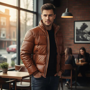 Handmade Men’s Puffer Leather Jacket – Quilted Winter Bomber Coat
