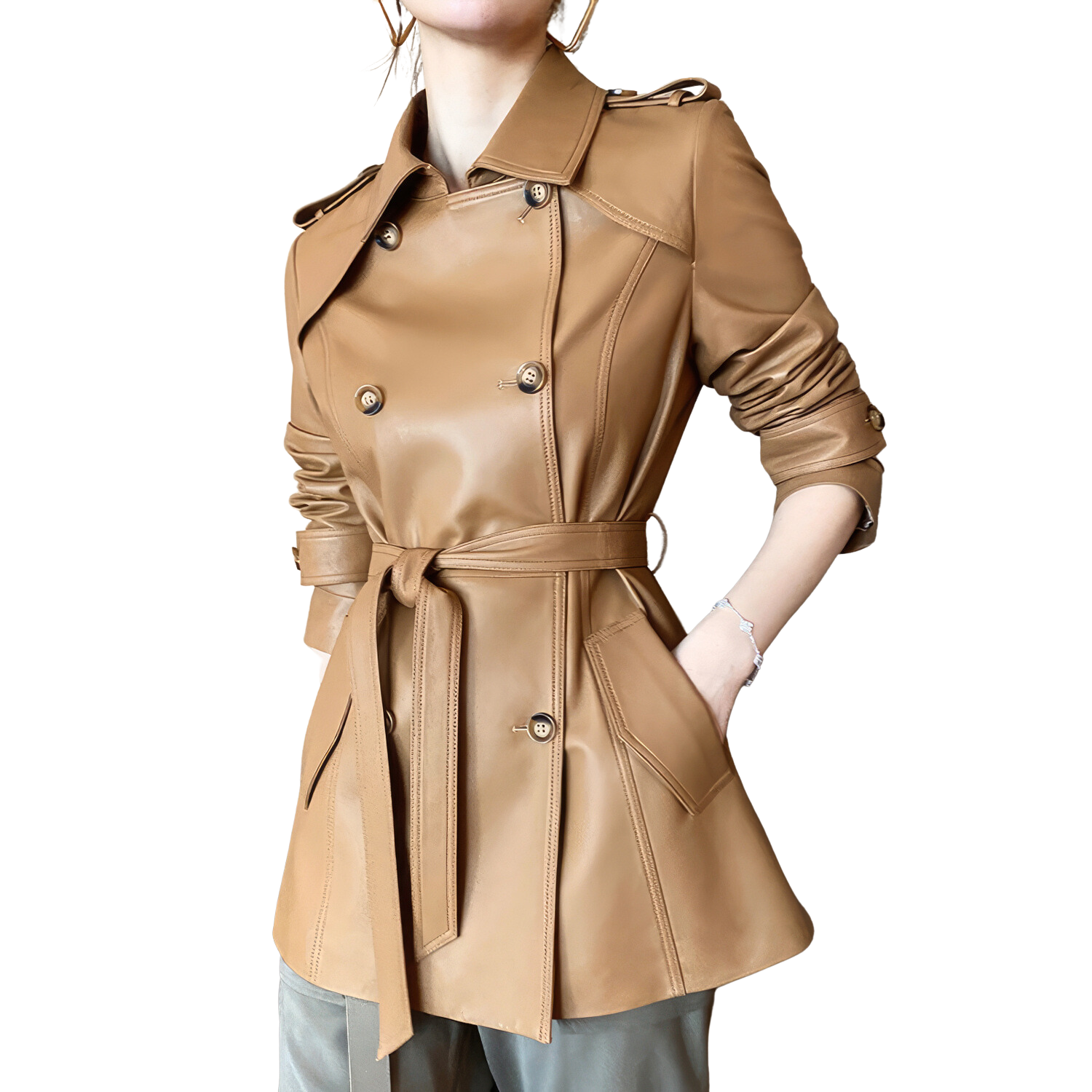 Women’s Coffee Brown Genuine Sheepskin Lapel Collar Business Fashion Double Breasted Belted Leather Trench Coat