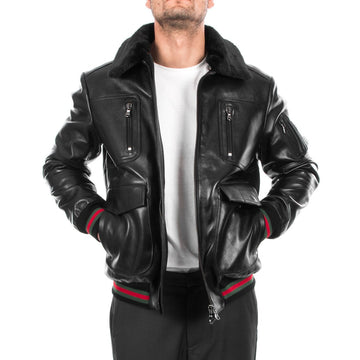 Handmade Men's Genuine Lambskin Leather Bomber Jacket with Removable Fur Collar
