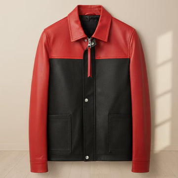 Red & Black Cowhide Leather Moto Racer Jacket – Color Block Biker Style