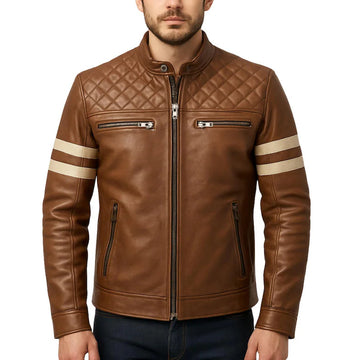Men's Brown Quilted Leather Biker Jacket – Real Leather with Sleeve Stripes