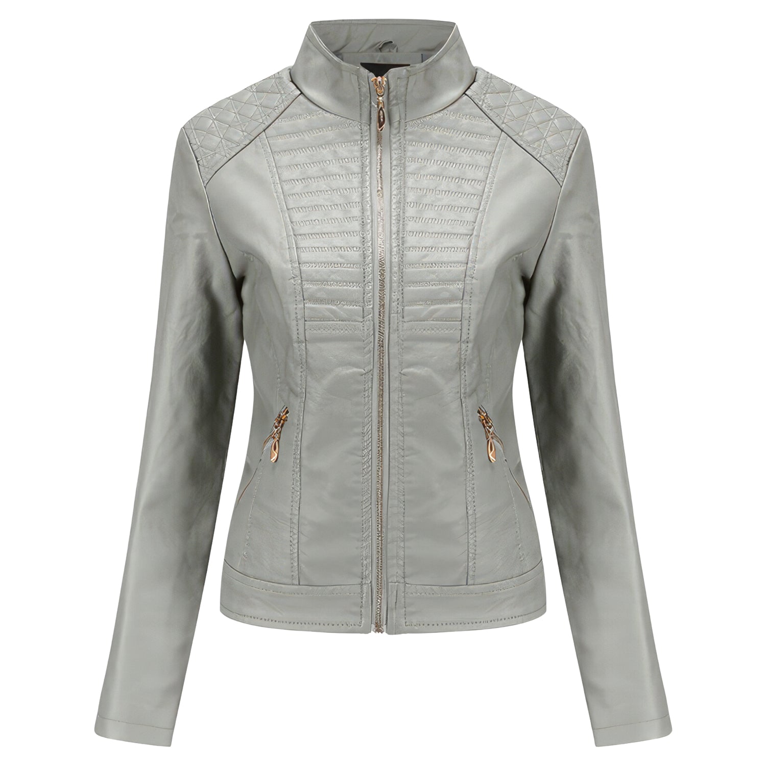Women’s Grey Biker Genuine Sheepskin Stand Collar Quilted Fashionable Outfit Motorcycle Café Racer Leather Jacket