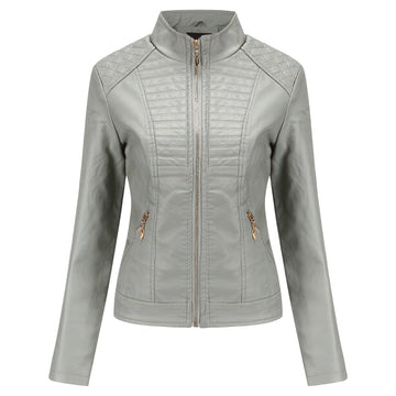 Women’s Grey Biker Genuine Sheepskin Stand Collar Quilted Fashionable Outfit Motorcycle Café Racer Leather Jacket