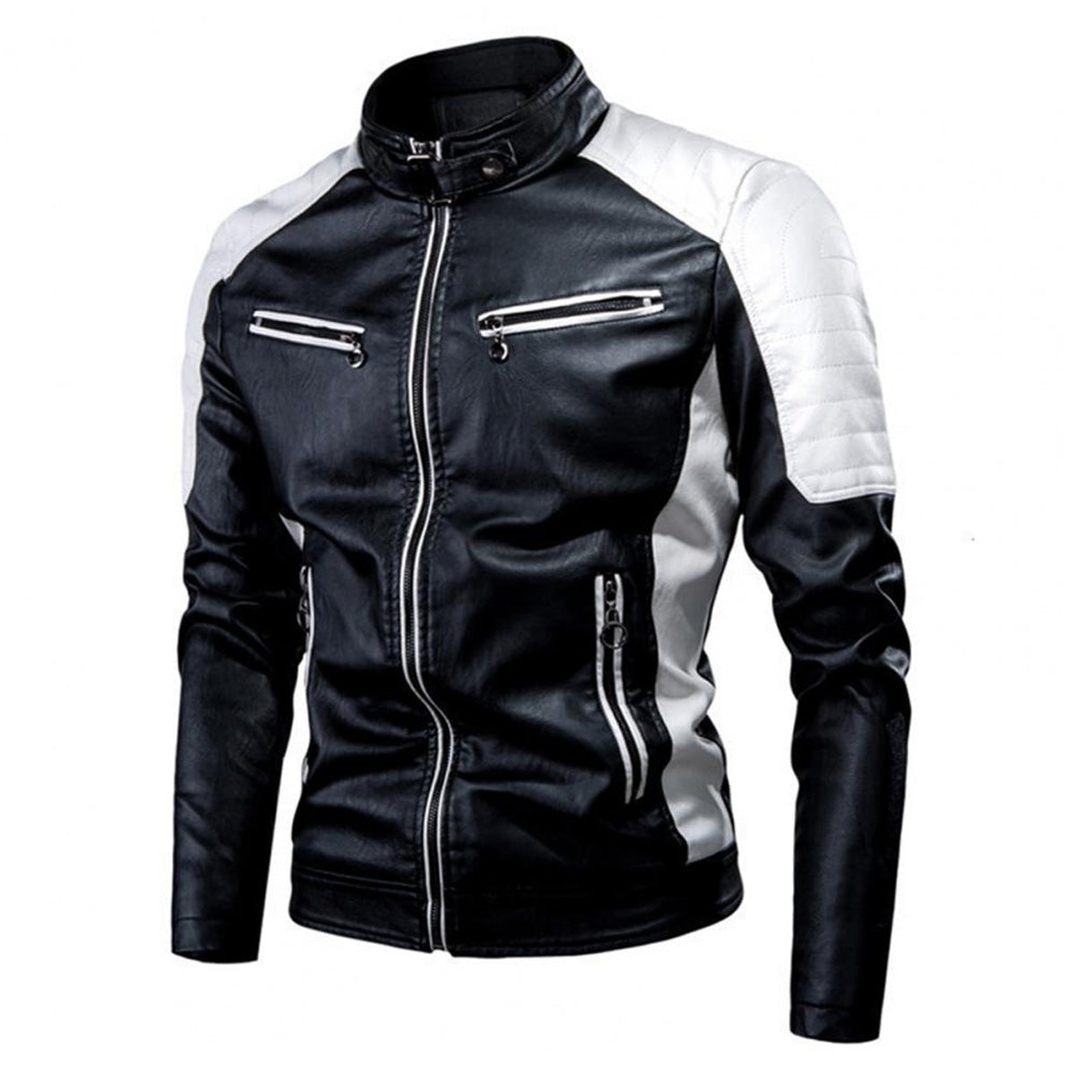 Men’s Black Biker PU Cafe Racer Stand Collar Crossover Retro Smooth Fashionable Casual Classic Rider Slim Fit Faux Leather Jacket