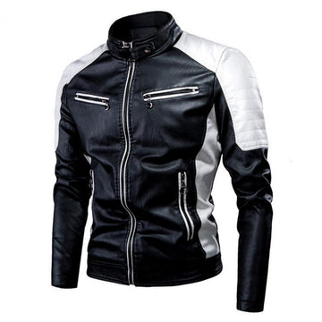 Men’s Black Biker PU Cafe Racer Stand Collar Crossover Retro Smooth Fashionable Casual Classic Rider Slim Fit Faux Leather Jacket