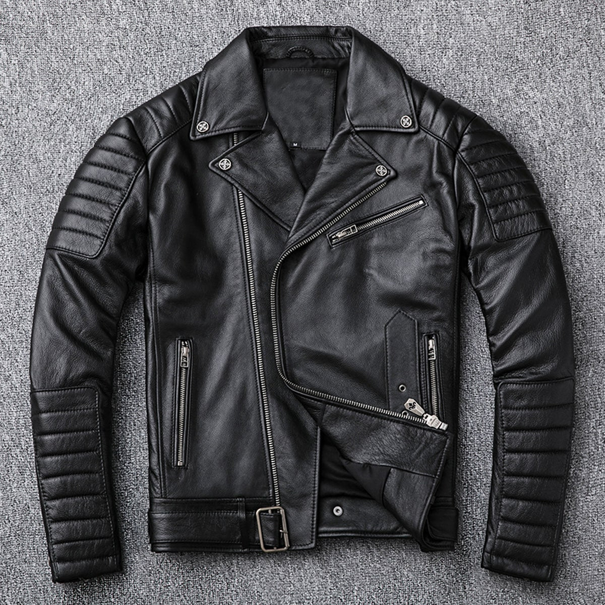 Men’s Black Biker Brando Genuine Sheepskin Cafe Racer Lapel Collar Retro Casual Classic Zip-Up Moto Slim Fit Leather Jacket