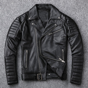 Men’s Black Biker Brando Genuine Sheepskin Cafe Racer Lapel Collar Retro Casual Classic Zip-Up Moto Slim Fit Leather Jacket