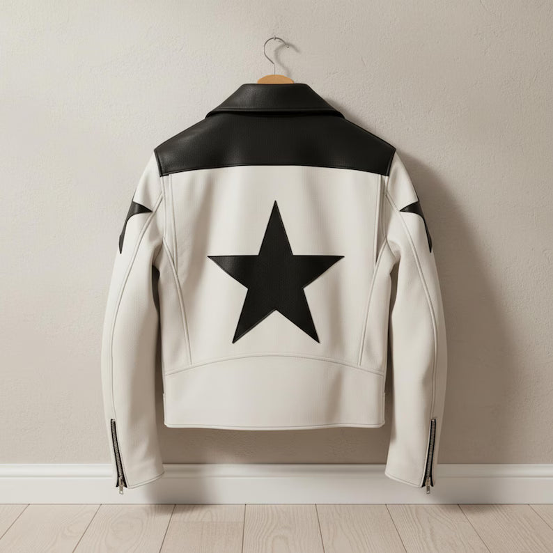 Star Graphic Cowhide Leather Motorcycle Jacket – Asymmetrical Moto Rider Style