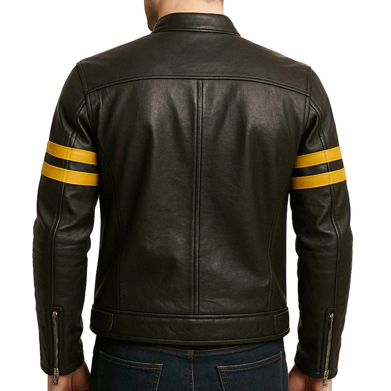 Men's Vintage Black Leather Cafe Racer Jacket – Retro Motorcycle Style with Yellow Stripes