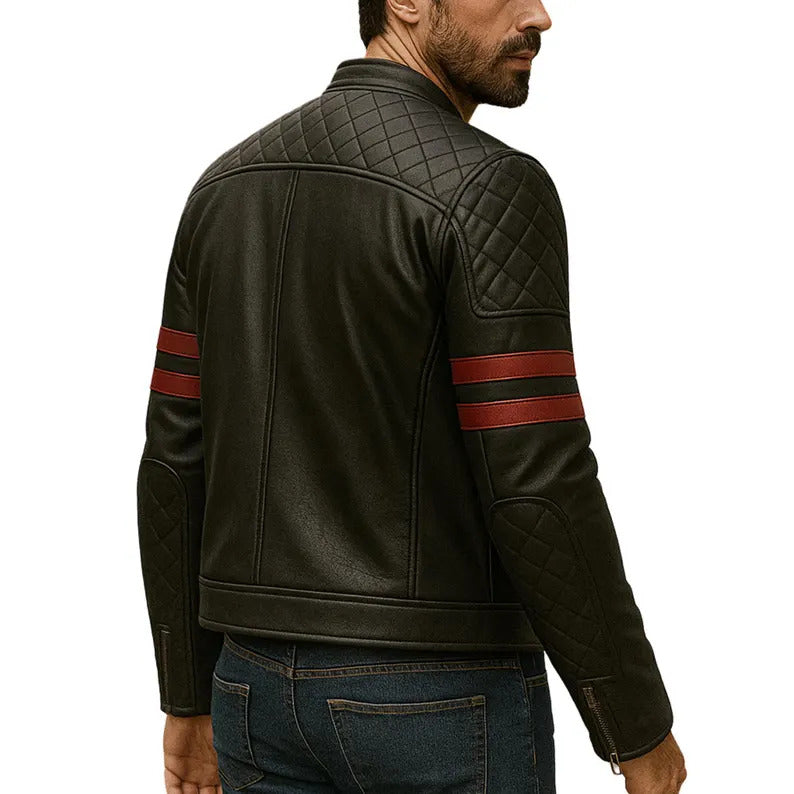 Men's Black Retro Biker Leather Jacket – Red Stripes with Quilted Shoulders & Sleeves