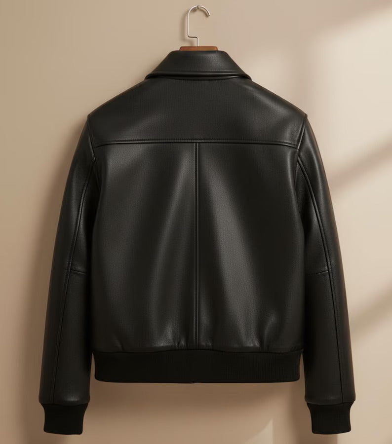 Black & White Leather Bomber Jacket – Classic Retro Varsity Style