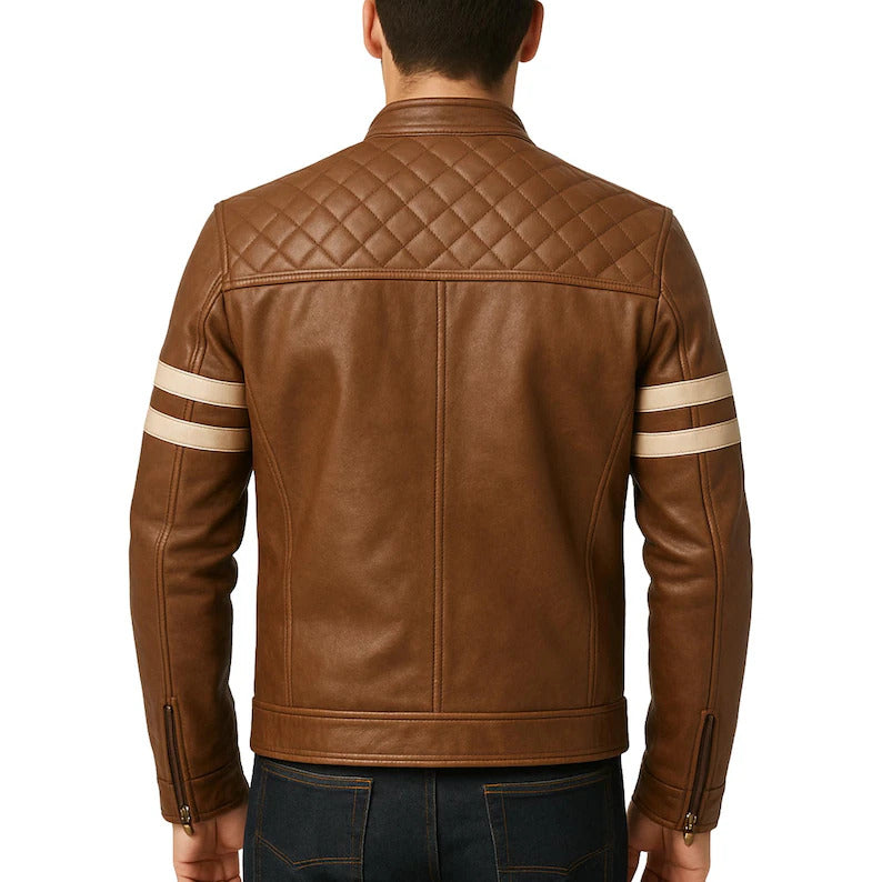 Men's Brown Quilted Leather Biker Jacket – Real Leather with Sleeve Stripes