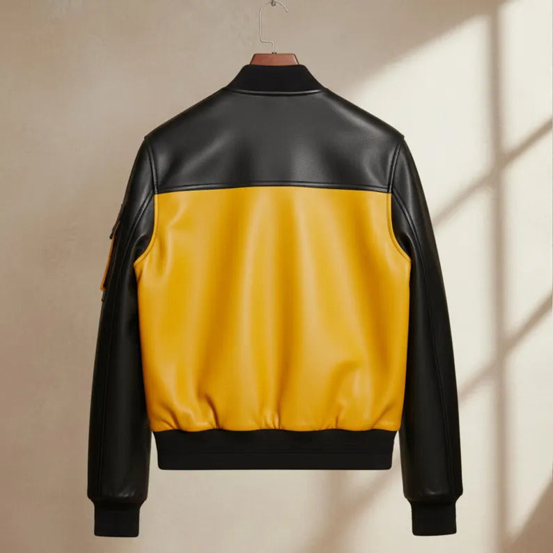 Two-Tone Cowhide Leather Bomber | Black & Yellow Varsity Jacket