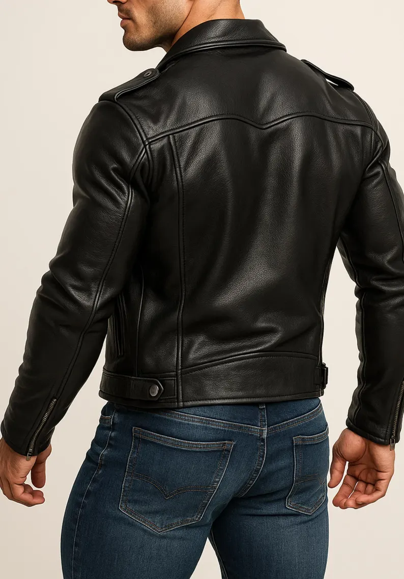 Men’s Black Sheep Leather Biker Jacket – Modern Fit with Red Zipper Accents