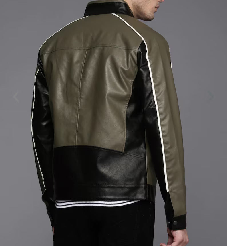 Men's Olive Green Casual Motorcycle Biker Leather Jacket