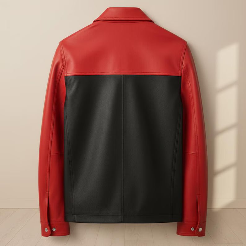 Red & Black Cowhide Leather Moto Racer Jacket – Color Block Biker Style