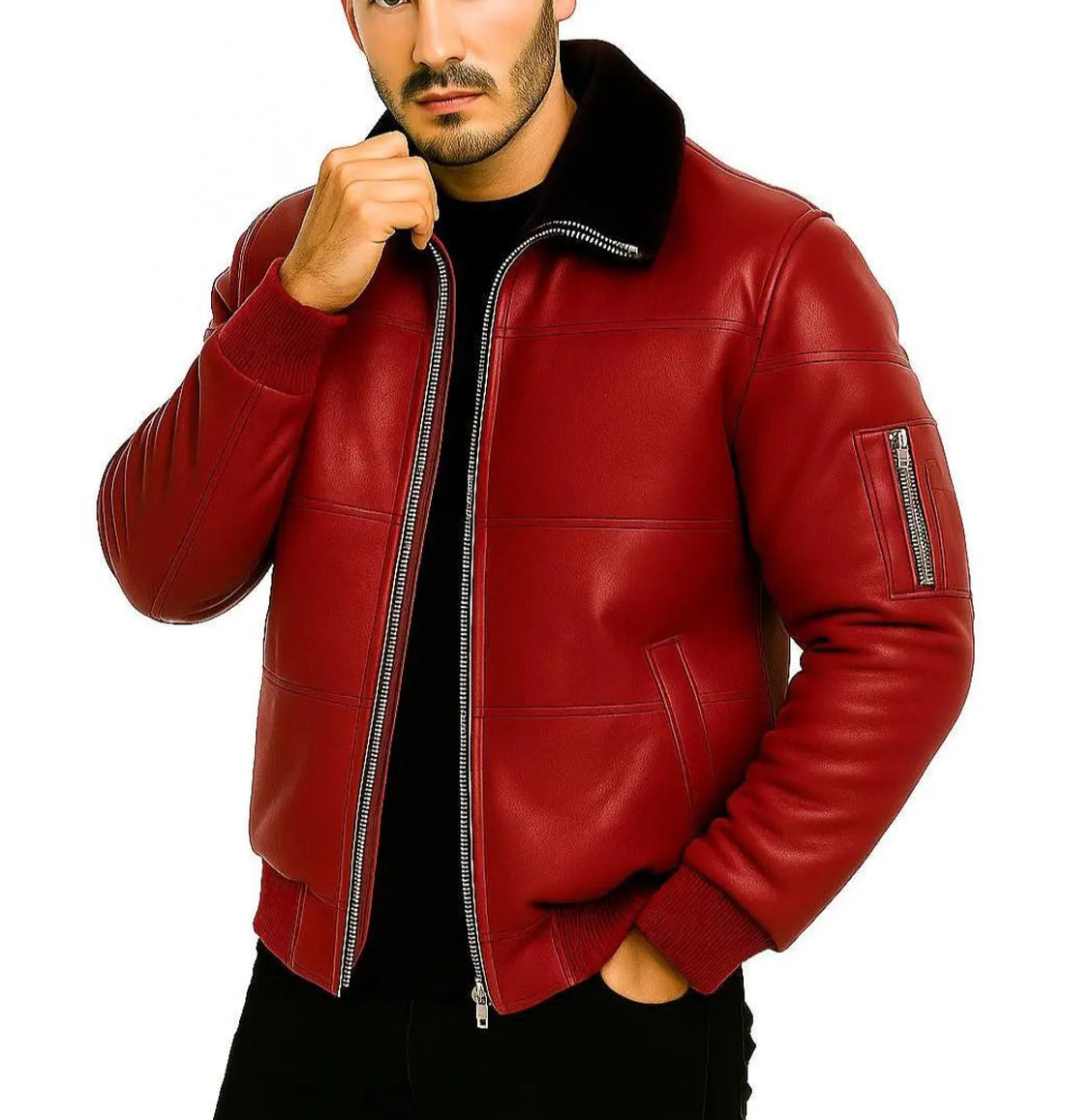 Men’s Handmade Genuine Leather Jacket Classic Zipper Moto Bomber with Fur Collar