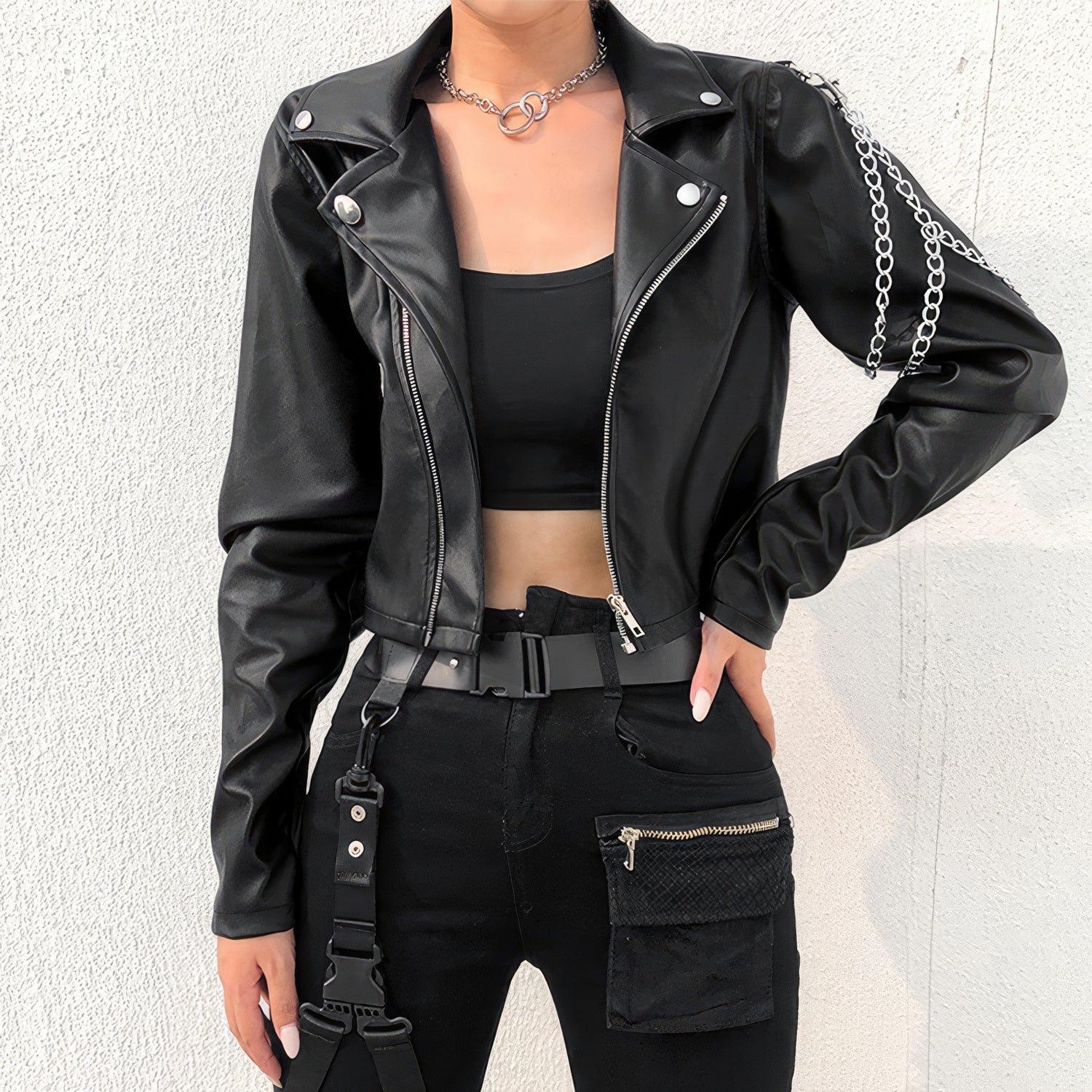 Women’s Black Biker Genuine Sheepskin Lapel Collar Cafe Racer Classic Slim Fit Epaulet Chain Asymmetric Punk Leather Jacket