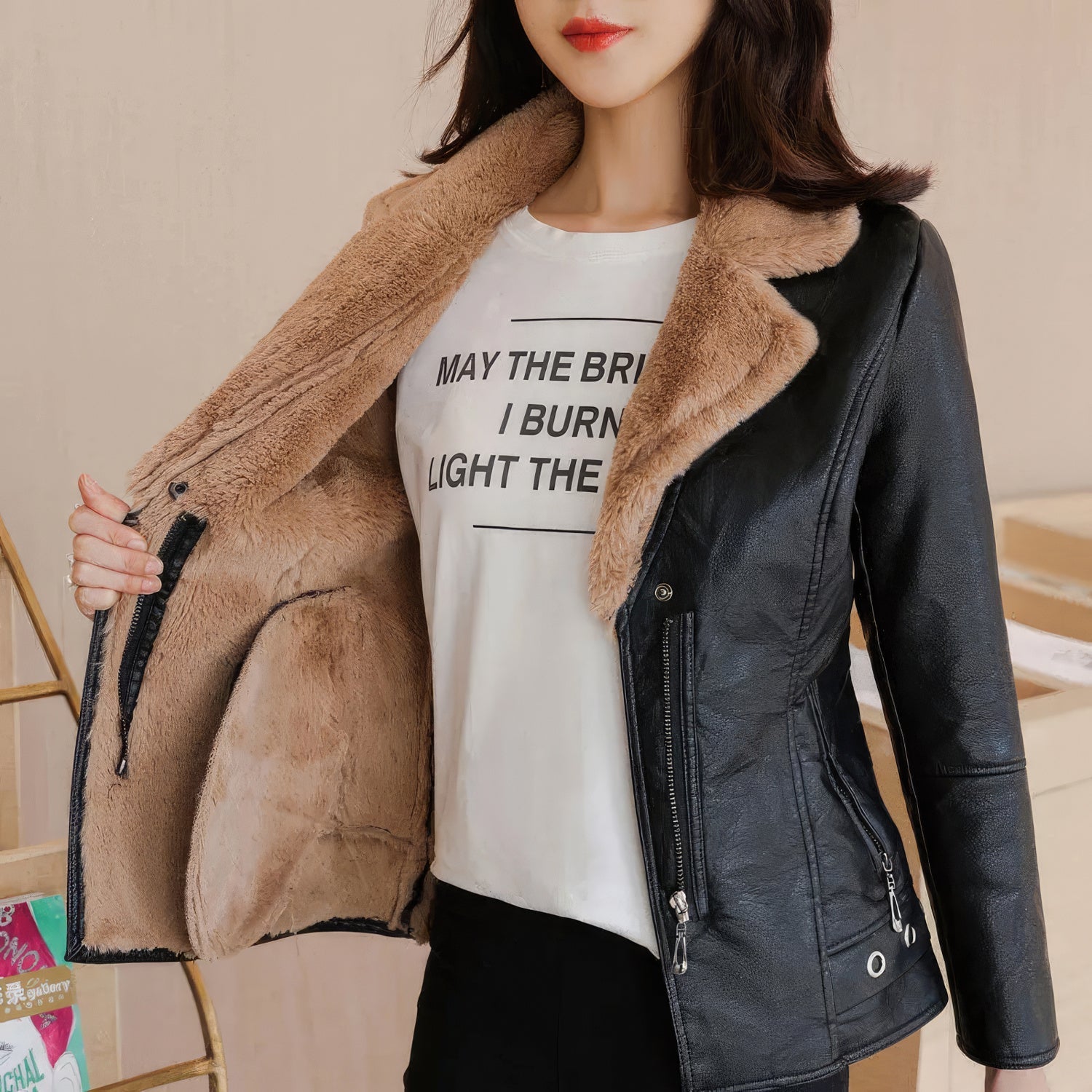 Women’s Black Biker Genuine Sheepskin Sherpa Shearling Faux Fur Lined Cafe Racer Korean Fashion Motorcycle Slim Fit Leather Jacket