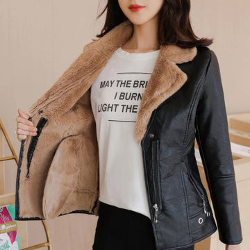 Women’s Black Biker Genuine Sheepskin Sherpa Shearling Faux Fur Lined Cafe Racer Korean Fashion Motorcycle Slim Fit Leather Jacket