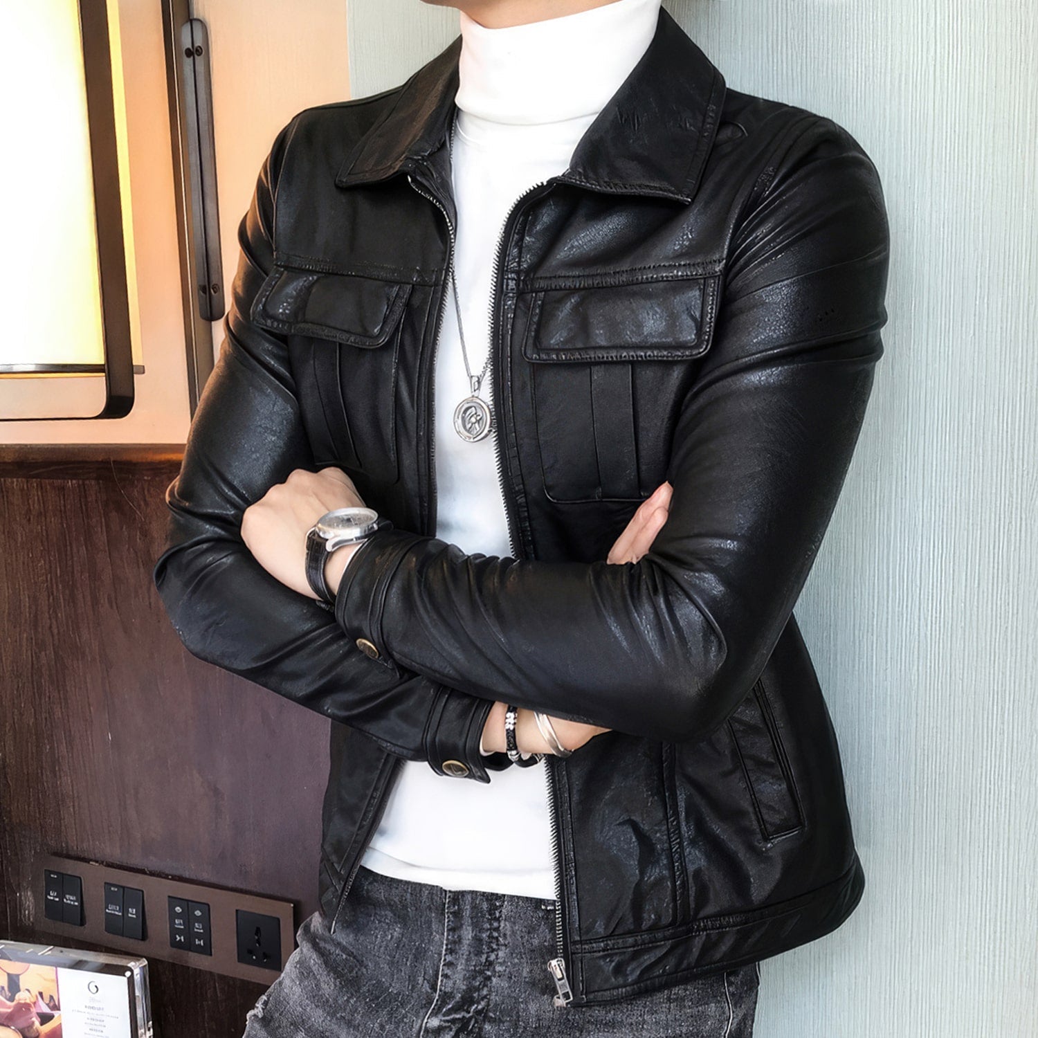 Men’s Black Biker Genuine Sheepskin Shirt Collar Cafe Racer Retro Zip-Up Casual Slim Fit Moto Rider Smooth Leather Jacket