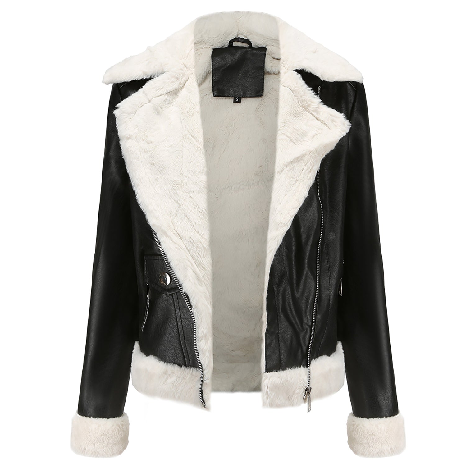 Women’s Black Biker Genuine Sheepskin Sherpa Shearling Faux Fur Moto Cafe Racer Asymmetric Bomber Leather Jacket