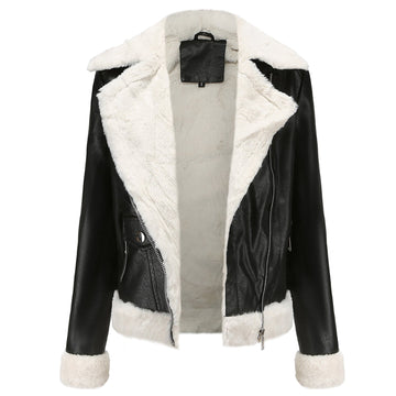 Women’s Black Biker Genuine Sheepskin Sherpa Shearling Faux Fur Moto Cafe Racer Asymmetric Bomber Leather Jacket