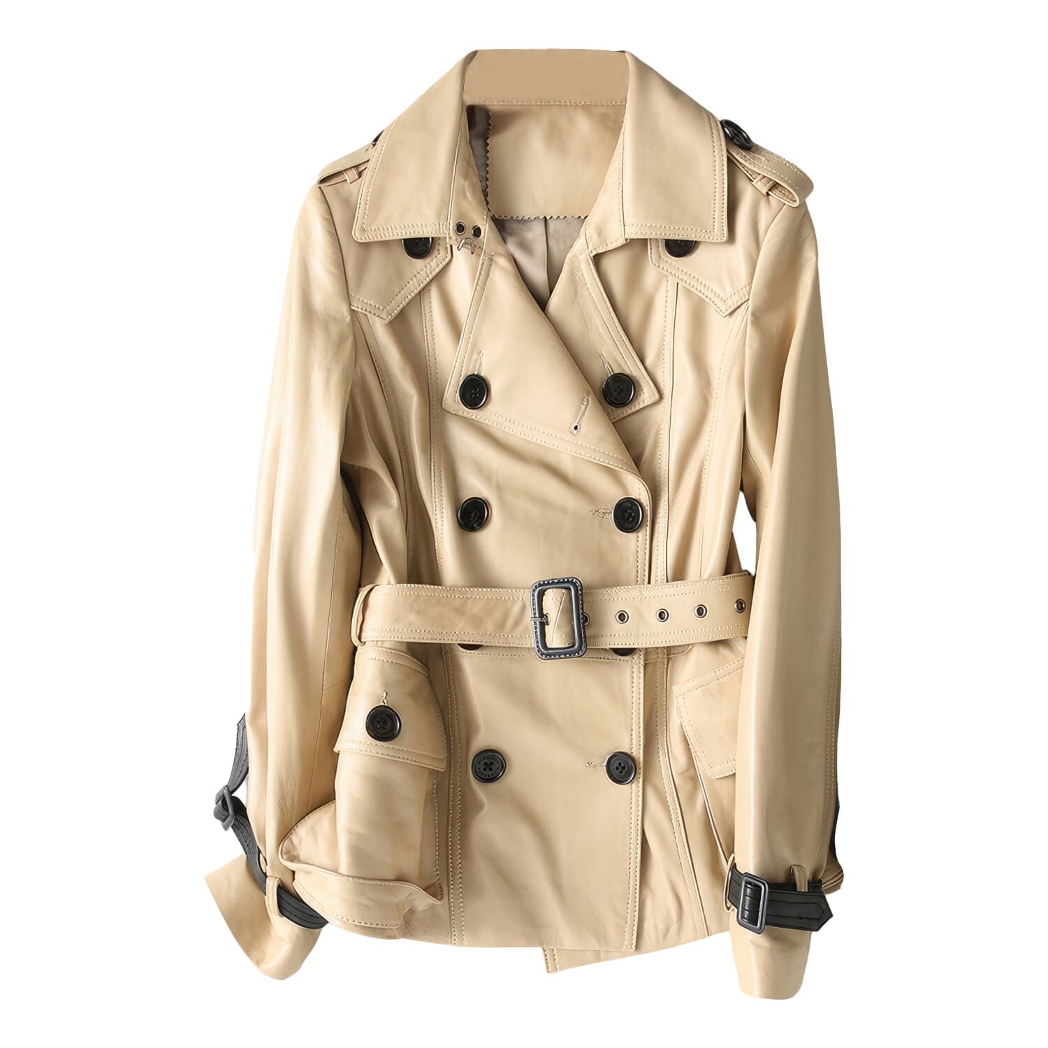 Women’s Beige Genuine Sheepskin Lapel Collar Fashion Winter Autumn Belted Outfit Casual Double Breasted Trench Coat