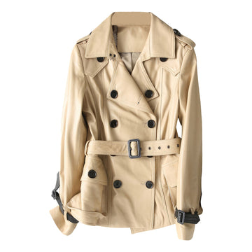 Women’s Beige Genuine Sheepskin Lapel Collar Fashion Winter Autumn Belted Outfit Casual Double Breasted Trench Coat