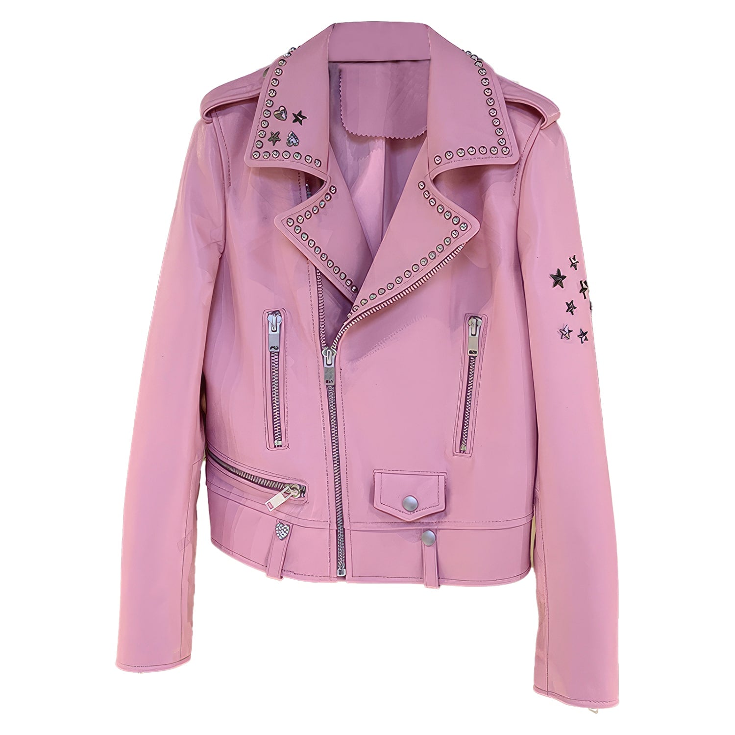 Women’s Pink Biker Genuine Sheepskin Lapel Studded Collar Celebrity Style Sporty Cafe Racer Slim Fit Leather Jacket