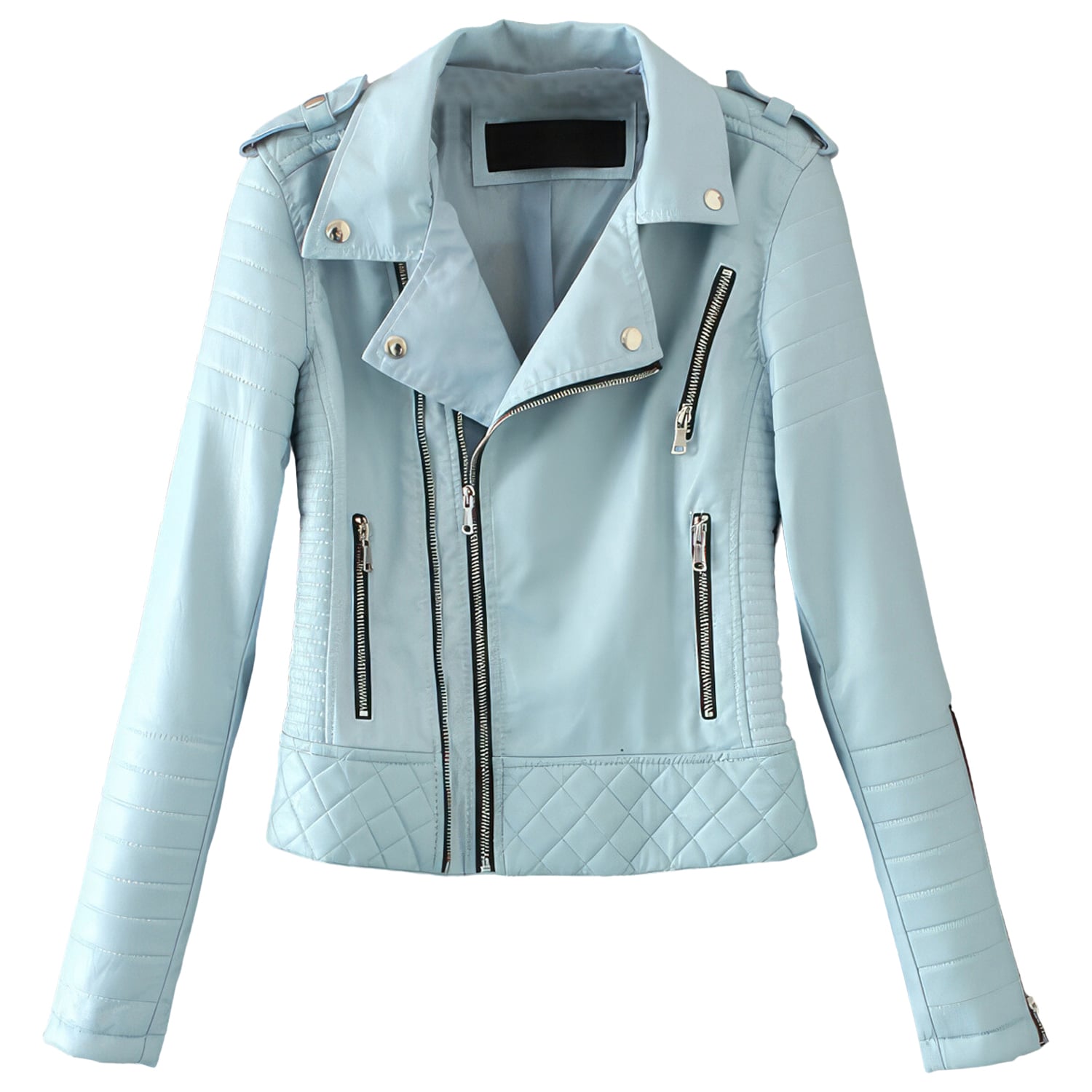: Women’s Sky Blue Biker Genuine Sheepskin Lapel Collar Cafe Racer Outfit Quilted Design Sporty Crossover Asymmetric Rider Leather Jacket