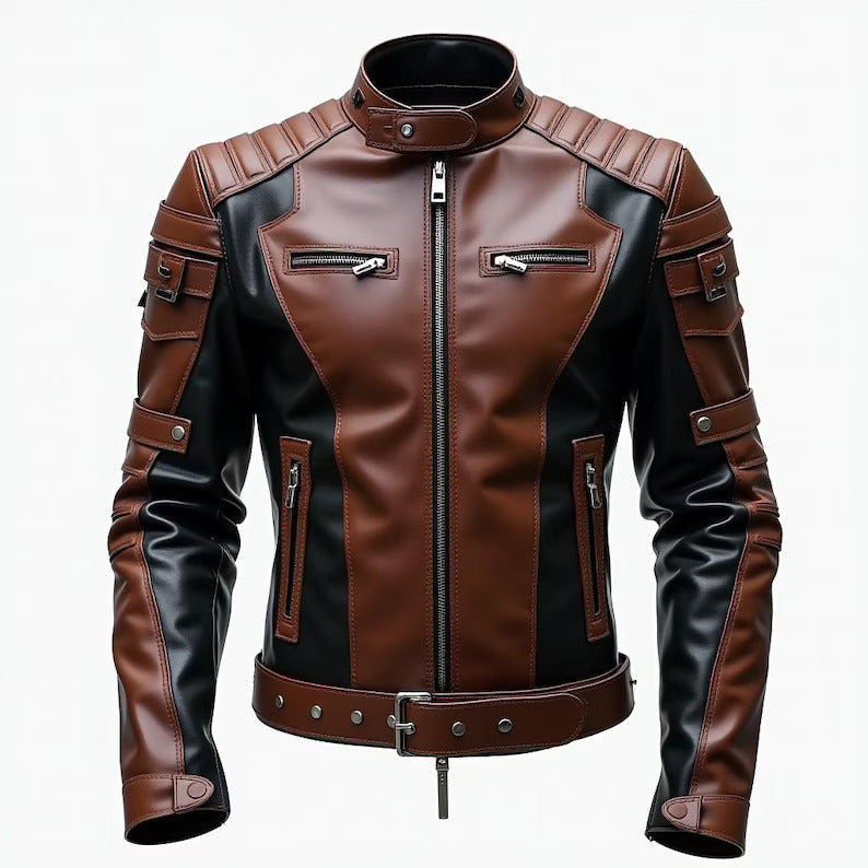 Handmade Dual-Tone Biker Jacket – Genuine Leather Moto Coat in Brown & Black