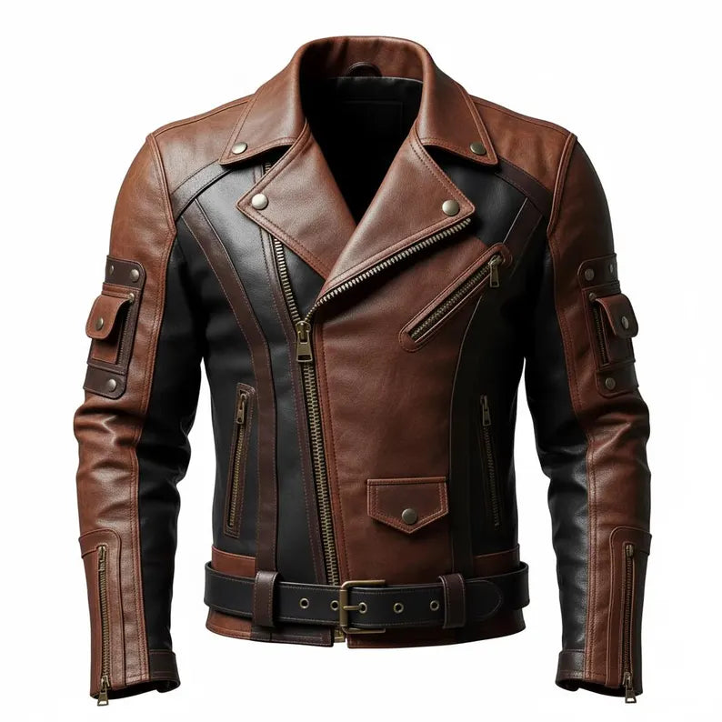 Handmade Men's Dual-Tone Leather Biker Jacket – Brown & Black Moto Style