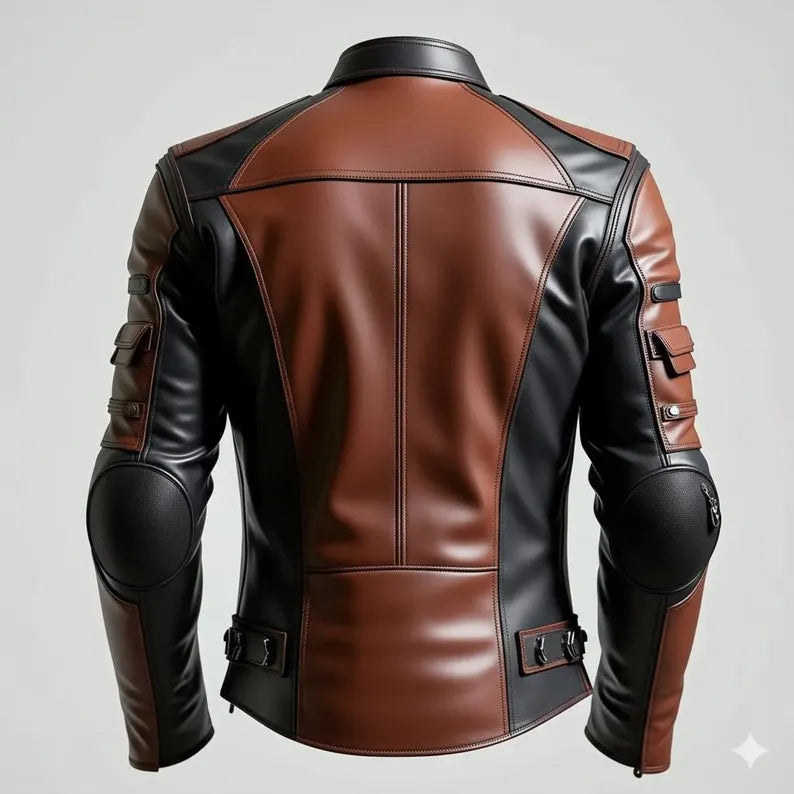 Handmade Men's Dual-Tone Leather Biker Jacket – Brown & Black Moto Style